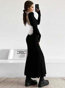 INAWLY 1pc Women Solid Color Boat Neck Slim Fit Elegant Long Sleeve Long Dress Fall Cloth For Women - Black - View 4