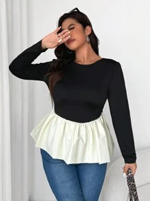 Flirla Damen Große Größen Farbblock Saum Langarm T-Shirt, Lässige Grafik Shirts Damen Tops für den Frühling - Schwarz - Übersicht 3