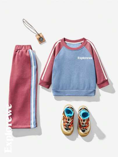 SHEIN 2pcs Young Boy Casual Color Block Patchwork Sweatshirt & Pants Set, Autumn/Winter