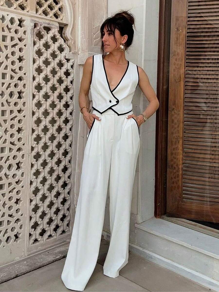 SHEIN Essnce 2 Áo không tay tương phản dành cho nữ và quần ống đứng tương phản, áo vest cài nút phía trước có họa tiết, áo vest mùa thu mới có áo vest, áo mùa thu, kẻ caro, cơ bản, vải lanh, đi làm, tối giản, văn phòng, phong cách cũ, đơn giản, - trắng - Xem 1