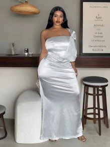 Slaydiva New 2024 Thanksgiving Women Outfit, Plus Size White Slanted Collar Pearl Bow Cocktail Dress, Holiday Clothes, New Year Party Dress