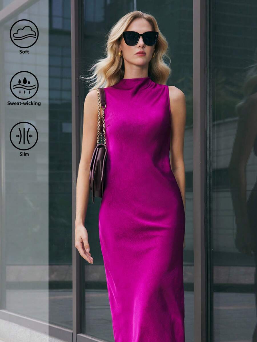 BizChic 女士紫色露背缎面连衣裙，都市通勤商务休闲优雅派对礼服，适合万圣节、圣诞节、派对 - 紫色 - 查看 1
