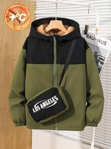 SHEIN Leap Crew 2 件 Tween Boy 连帽羊毛拼色斜挎夹克，秋冬季休闲运动户外校服，宽松百搭百搭