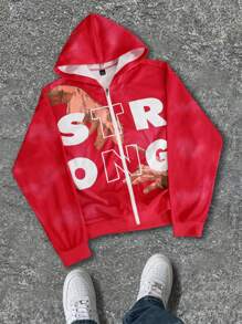 Manfinity EMRG 秋季男士字母印花拉链领休闲长袖连帽衫 - 紅色 - 查看 6