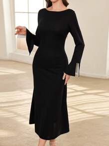 Modelyn Women's Color Block Backless Fitted Mini Dress Long Evening Dresses - Black - View 2