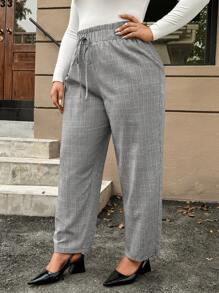 SHEIN VCAY Plus Size Women Vintage Plaid Print Tie-Front Loose Straight Leg Pants