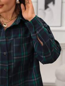 SHEIN LUNE 大码女式格子落肩长袖单排扣休闲衬衫，秋季外出上衣，感恩节女装，新年女装，冬季女装，锐舞派对装 - 綠色 - 查看 6