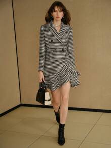 MOTF STUDIO HOUNDSTOOTH PRINT PEAK COLLAR DOUBLE BREASTED PLACKET BLAZER