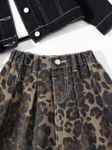 SHEIN 2pcs/Set Young Girl Denim Jacket With Leopard Print Collar & Leopard Print Skirt, Matching Outfit - Black - View 6