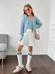 Tween Girls Knitted Solid Color Camisole With Long Sleeve Cardigan, Casual Autumn/Winter Outfit - Blue - View 5