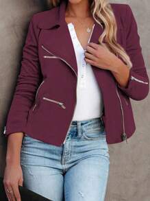 SHEIN Clasi Women's Casual Street Chic Suede Biker Jacket With Multi-Zipper Decor