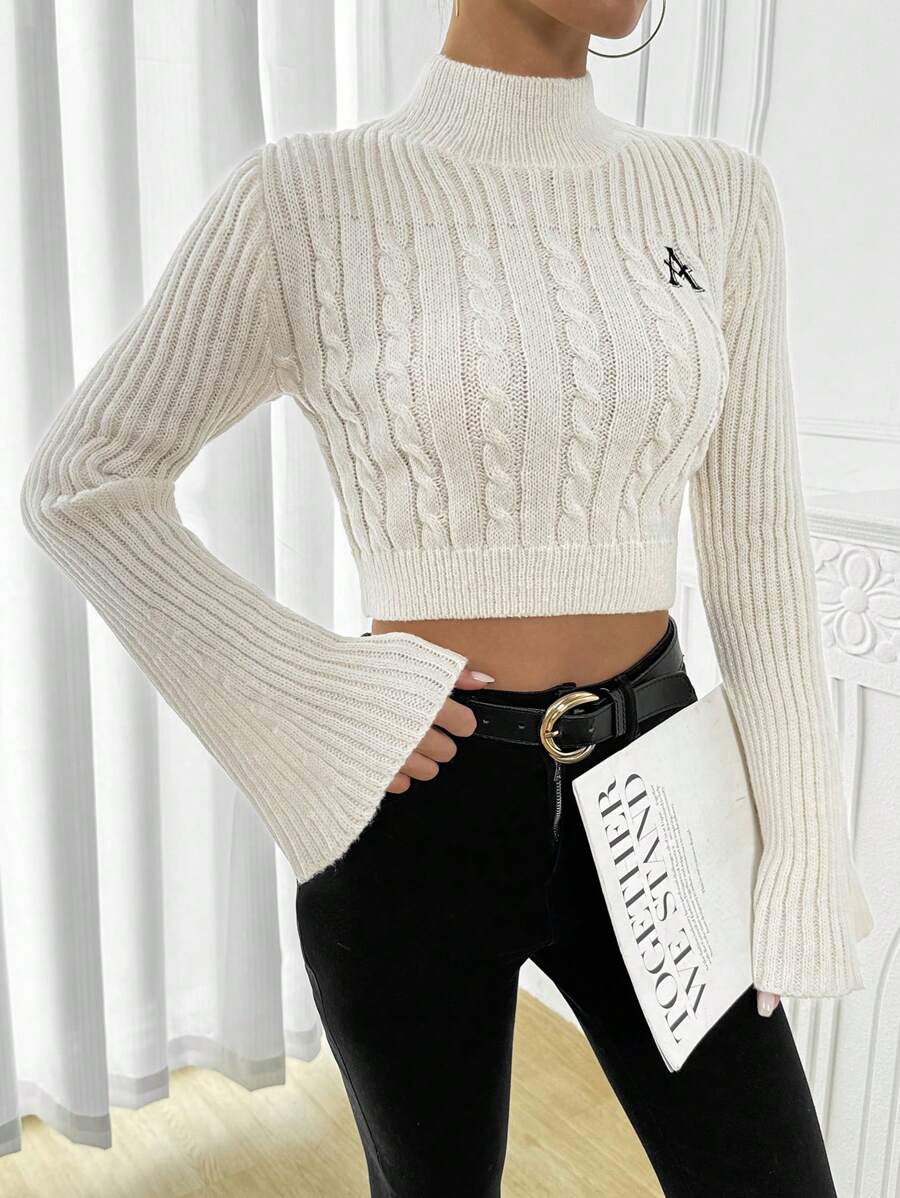 Chiquease Suéter de punto de cable con cuello alto, mangas acampanadas y bordado de letras para uso casual diario de mujer