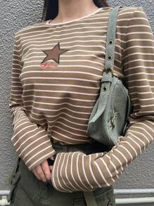 FRIFUL Camiseta casual de ajuste delgado con rayas y bordado de estrellas para mujer, otoño