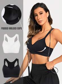 SHEIN Women's Seamless Racerback Sports Bra, Plain Solid Color For Fitness, Yoga - Multicolor - View 2