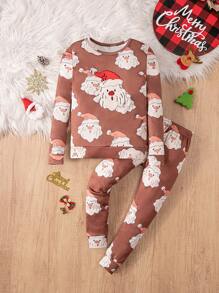 Set de 2 piezas de pijama de ajuste ceñido con estampado de Papá Noel de manga larga para niño pequeño