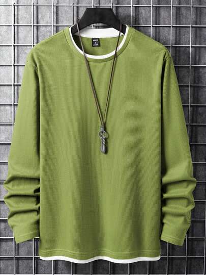 Manfinity Homme Áo thun nam cổ tròn tay dài màu tương phản, dáng rộng, mùa thu