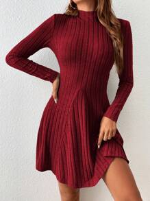 SHEIN Frenchy Mock Neck Ribbed Knit A Line Grey Dress Winter Christmas New Year Red Burgundy - Burgundy - View 3