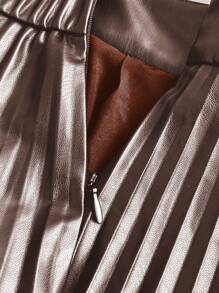 SHEIN Privé 女士高腰褶皱皮革迷你裙 - 咖啡棕 - 查看 7