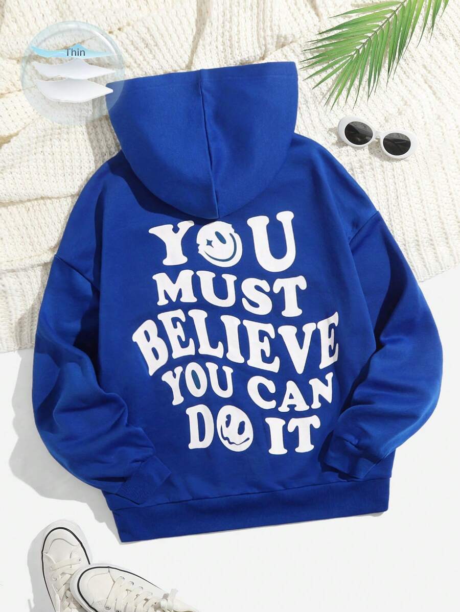 SHEIN EZwear Áo hoodie giữ nhiệt hở vai có dây rút họa tiết khẩu hiệu mùa hè - Màu xanh lam - Xem 1