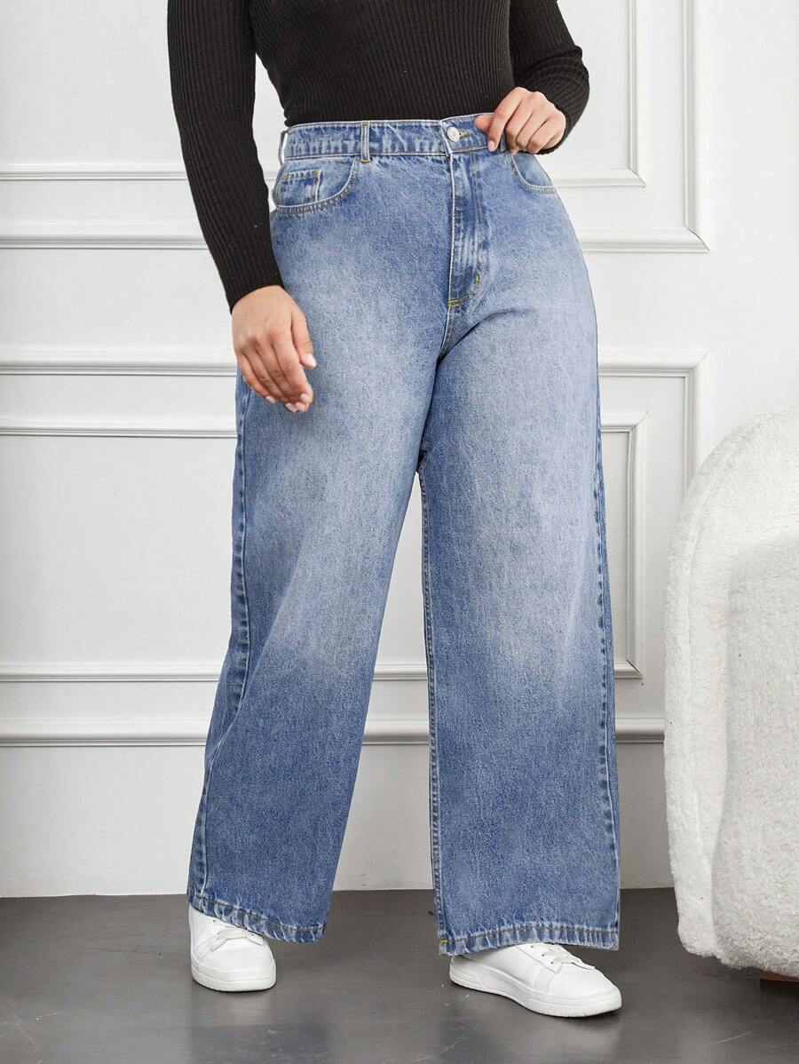 EURMUSE 100% Baumwolle Damen Jeans in Große Größen mit weitem Bein, Waschung und schrägen Taschen - Babyblau - Übersicht 1