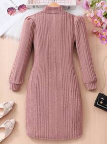 Tween Girl Letter Embroidery Ribbed Long Sleeve Dress - Pink - View 2