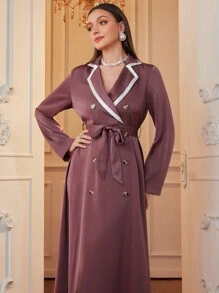 Seusyu 女士拼色拼接前扣休闲长袖直筒朴素连衣裙 - 藕粉色 - 查看 8