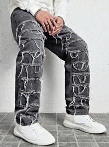 Manfinity LEGND Casual Men Straight Loose Jeans With Frayed Hem And Pockets, Versatile - Grey - View 4