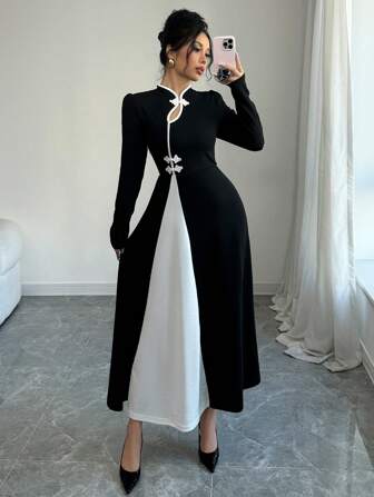 Rafferiza 女式复古泡泡袖优雅黑白拼布纽扣连衣裙长款女装连衣裙黑白黑白连衣裙优雅连衣裙长袖黑白连衣裙长袖长裙