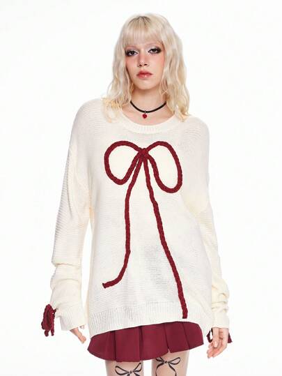 Kawaii Jersey suelto de punto con decoración de lazo