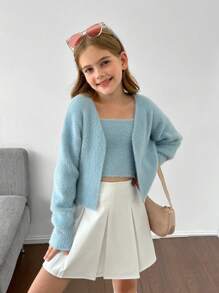 Tween Girls Knitted Solid Color Camisole With Long Sleeve Cardigan, Casual Autumn/Winter Outfit - Blue - View 1