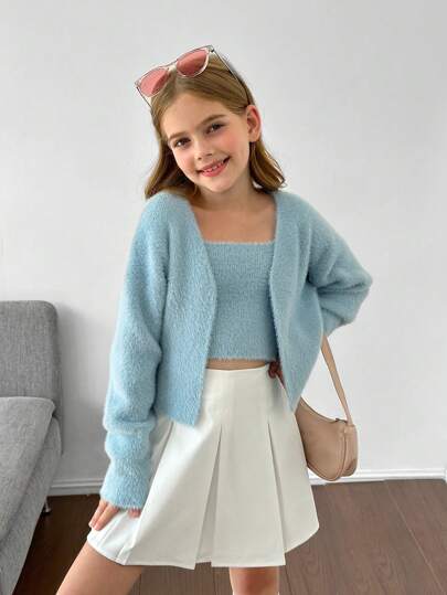 Tween Girls Knitted Solid Color Camisole With Long Sleeve Cardigan, Casual Autumn/Winter Outfit