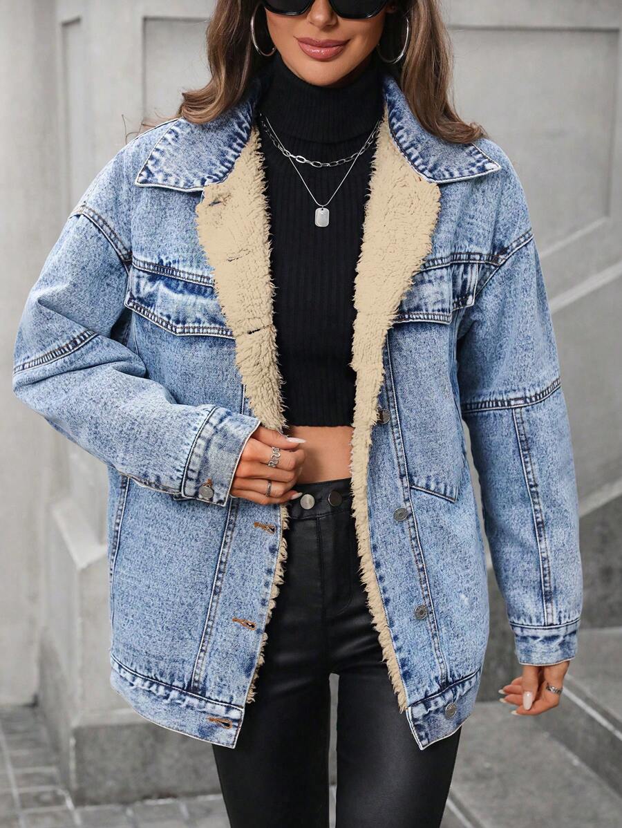 Women's Autumn/Winter Denim Jacket With Single-Row Button And Fleece LiningThermal Thickened Denim