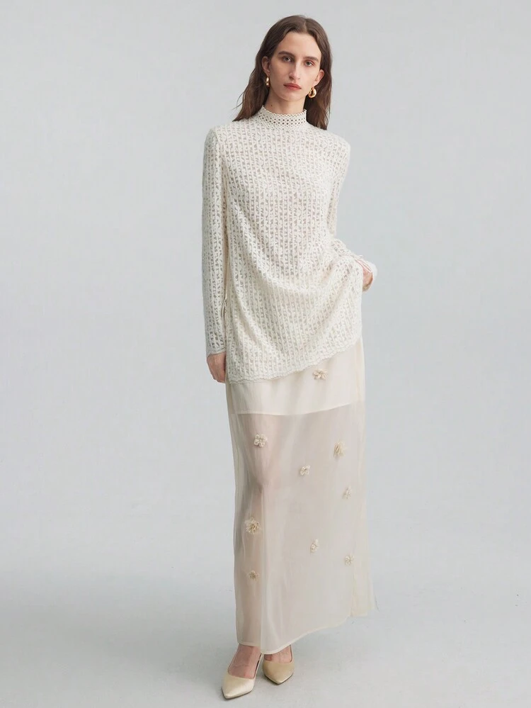 Women Lace Long Sleeve Dress, Tie Design, Ribbed Knit Fabric, Side Slit, Elegant Crew Neck Blouse, Minimalist Urban Commuting Daily Wear, Suitable For Autumn And Winter