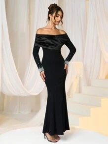 SHEIN Belle 1 件女式优雅针织拼接珍珠装饰束腰紧身连衣裙 - 黑色 - 查看 4