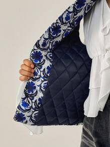 Forever 21 女士花卉提花前开襟无袖时尚上衣，秋季 - 藍色 - 查看 3