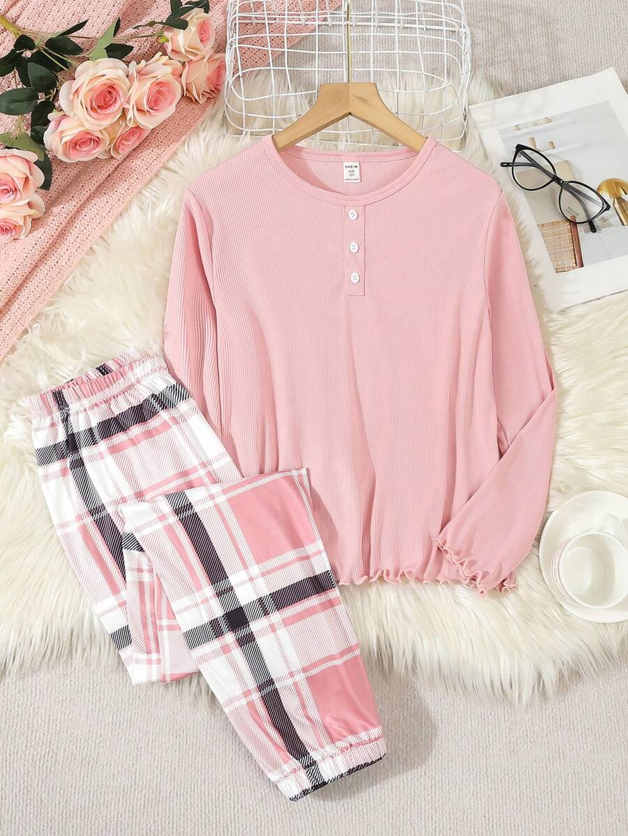 女孩青少年秋季罗纹下摆设计舒适休闲长袖上衣和宽松简约格子裤 2 件套家居服套装 - 粉色 - 查看 1