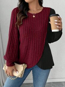 SHEIN LUNE 大码女式圆领长袖拼色罗纹休闲T恤，秋季图案T恤女式春季上衣 - 彩色 - 查看 5