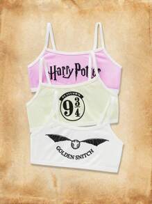 HARRY POTTER X SHEIN 3pcs Young Girl White & Pink Harry Potty Print Cute & Comfortable Camisole Underwear