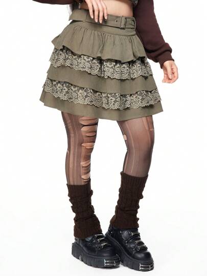 Jupe étagée avec garniture en dentelle Fairycore pour femmes