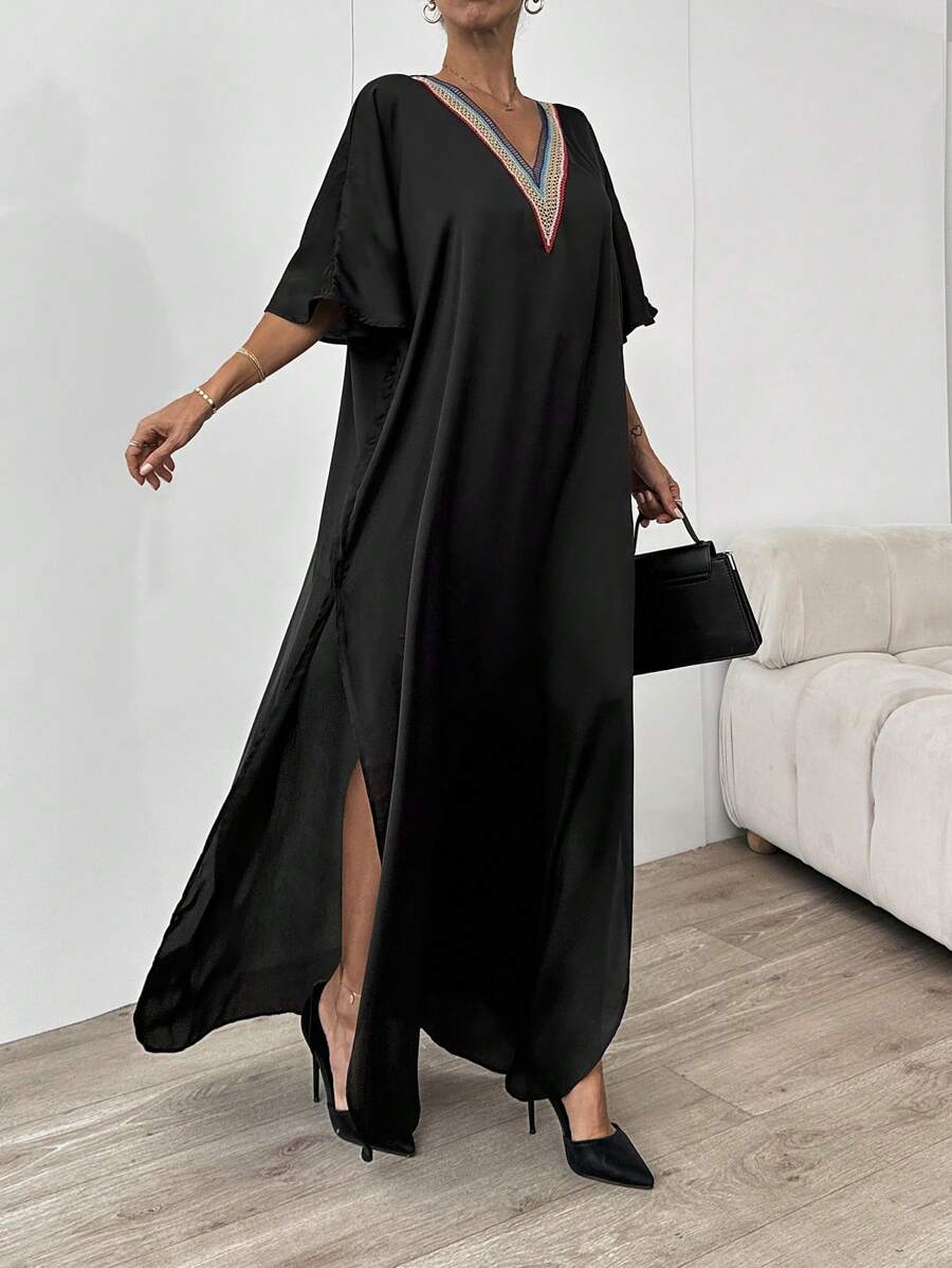 EURMUSE Lace-Trimmed Satin Dress - Black - View 1