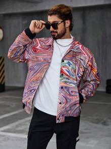 Manfinity LEGND Men's Fashionable Colorful Marble Print Jacket, Autumn Going Out Lightweight Colorful Graphic Long Sleeve Casual Jacket, For Friends, Husband, Boyfriend Gifts