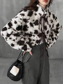 FRIFUL Women's Autumn/Winter Leopard Print Plus Fleece Thick Jacket With Front Tie,Thermal Lined - Multicolor - View 3