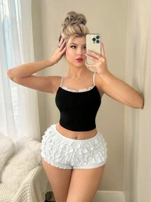 Sweetina Shorts mini de cintura baja de unicolor de múltiples capas, empalme de encaje de múltiples capas con estilo Y2K