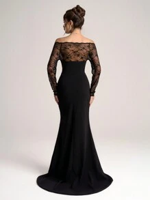 Coutiva 女士优雅黑色撞色蕾丝针织修身腰长袖正式鸡尾酒会礼服、伴娘服、婚礼宾客礼服、晚礼服、长袍 - 黑色 - 查看 2