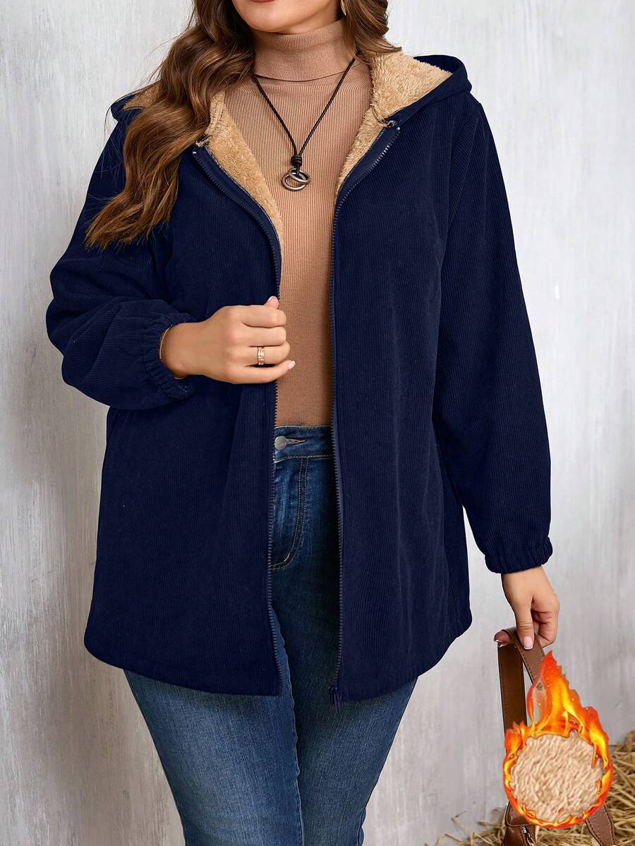 Plus Size Solid Color Thermal Lined Hooded Zip Up Long Sleeve Jacket, Autumn/Winter - Navy Blue - View 1