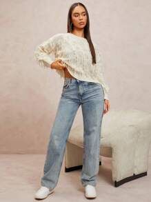 SHEIN SXY Quần áo thu đông Áo len Giáng sinh cổ tròn phù hợp cho nữ Áo len dệt kim cổ tròn dài tay màu mơ nhạt Trang trí tua rua ba chiều - Màu be - Xem 4