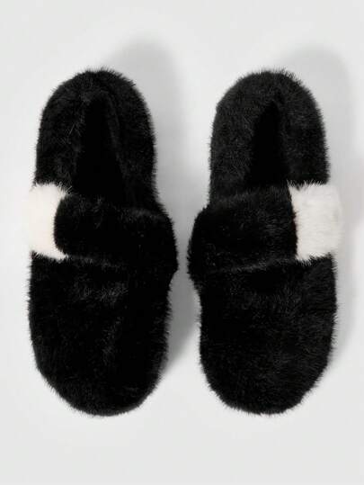 Kawaii Black Slip-On Loafers With Fluffy Soft Sole, Plush Furry Indoor Slippers For Women Flat For Christmas And New Year Holiday Vibe Fall And Winter