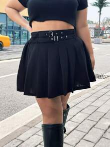 Flirla Falda plisada de línea A de unicolor y minimalista en talla grande, para uso casual diario - Negro - Ver 4