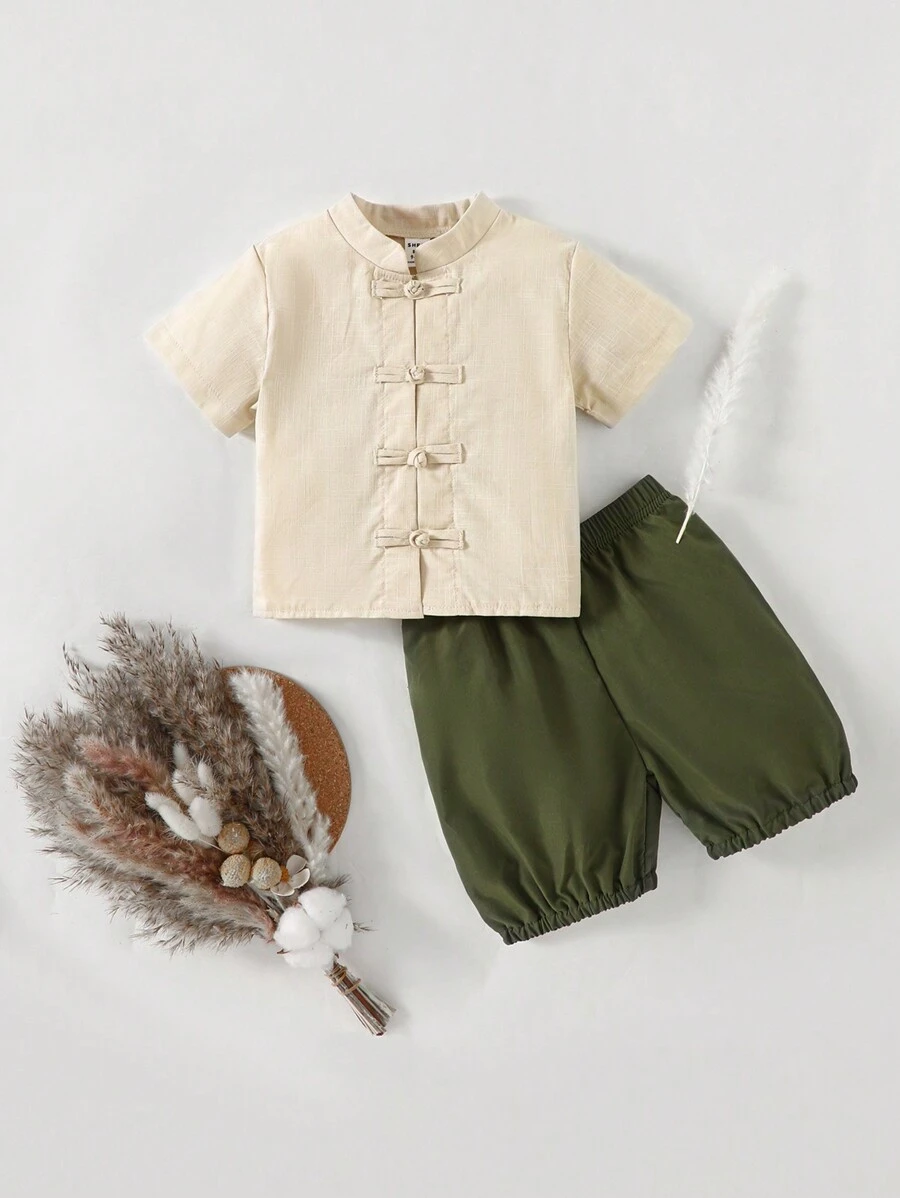 SHEIN Baby Boy Spring/Summer New Casual Loose Minimalist Chinese Style Button-Up Shirt And Shorts Set, Suitable For Wedding, Birthday Party, Evening Event, Christening