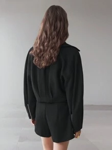 Ontre 2025年春季新款女装，O型设计法式黑色领冬季女士外套，38%羊毛粗花呢面料，O型廓形女式夹克，翻领拉链设计 - 黑色 - 查看 3